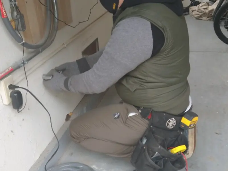 Electrician performing outlet wiring in a Nicholasville garage